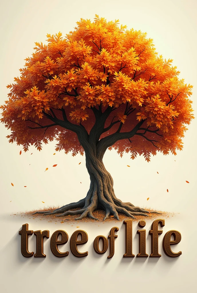 A poster depicting a leafy tree, strong trunk , autumn season, leaves falling, 3D metallic with the words "tree of Life" written in large letters at the bottom,