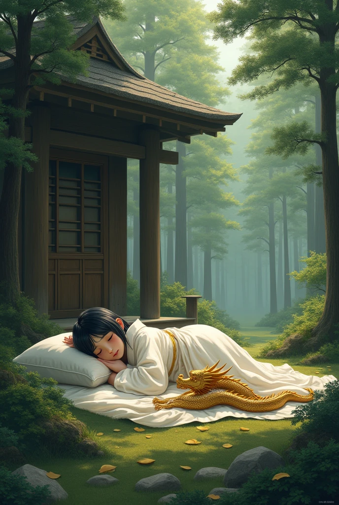 A space black-haired fairy girl in a kimono smiles and sleeps.  A wooden Zen temple in the forest. Under the pine trees.，Looking down at the golden dragon and guarding it tenderly