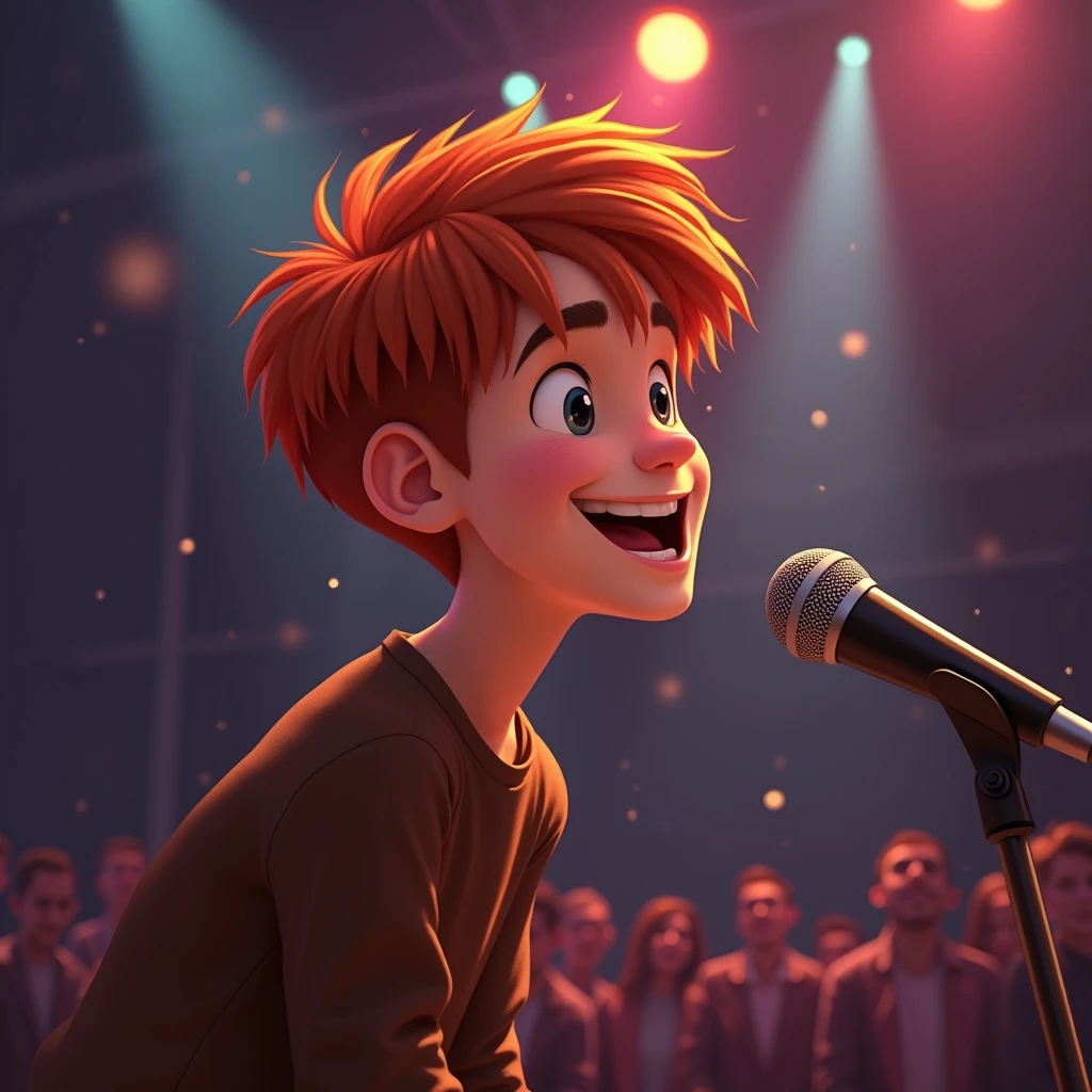 Young red-haired man with a handsome face, short straight hair, on a stage singing, with plenty of light and people watching, an animated photo