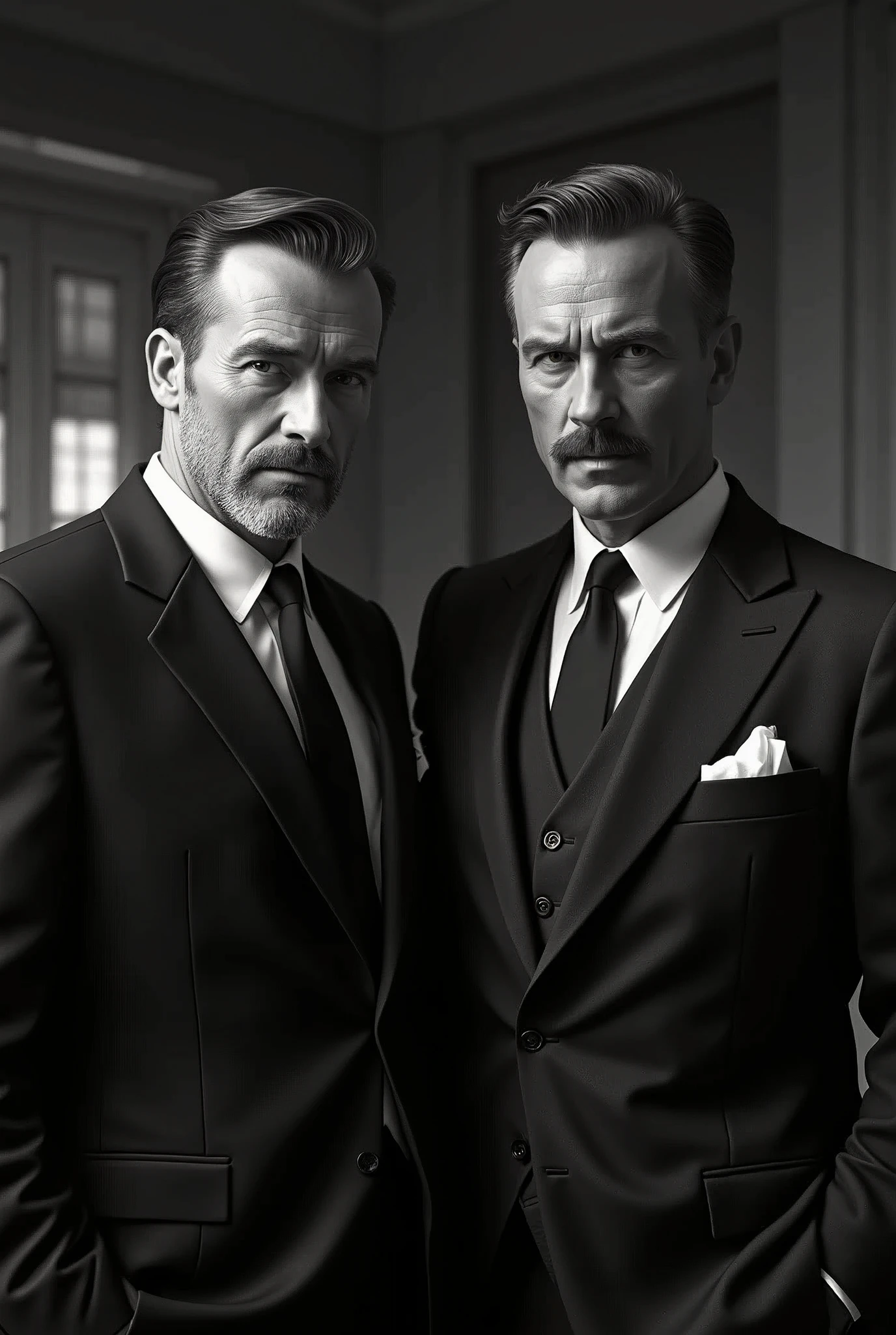 a man and a man in 1950s, impeccable suit and tie, serious expression, office setting, vintage 1950s style, cinematic lighting, dramatic shadows, black and white, high contrast, gritty, moody, retro, art deco, (best quality,4k,8k,highres,masterpiece:1.2),ultra-detailed,(realistic,photorealistic,photo-realistic:1.37),dramatic composition,chiaroscuro,cinematic atmosphere