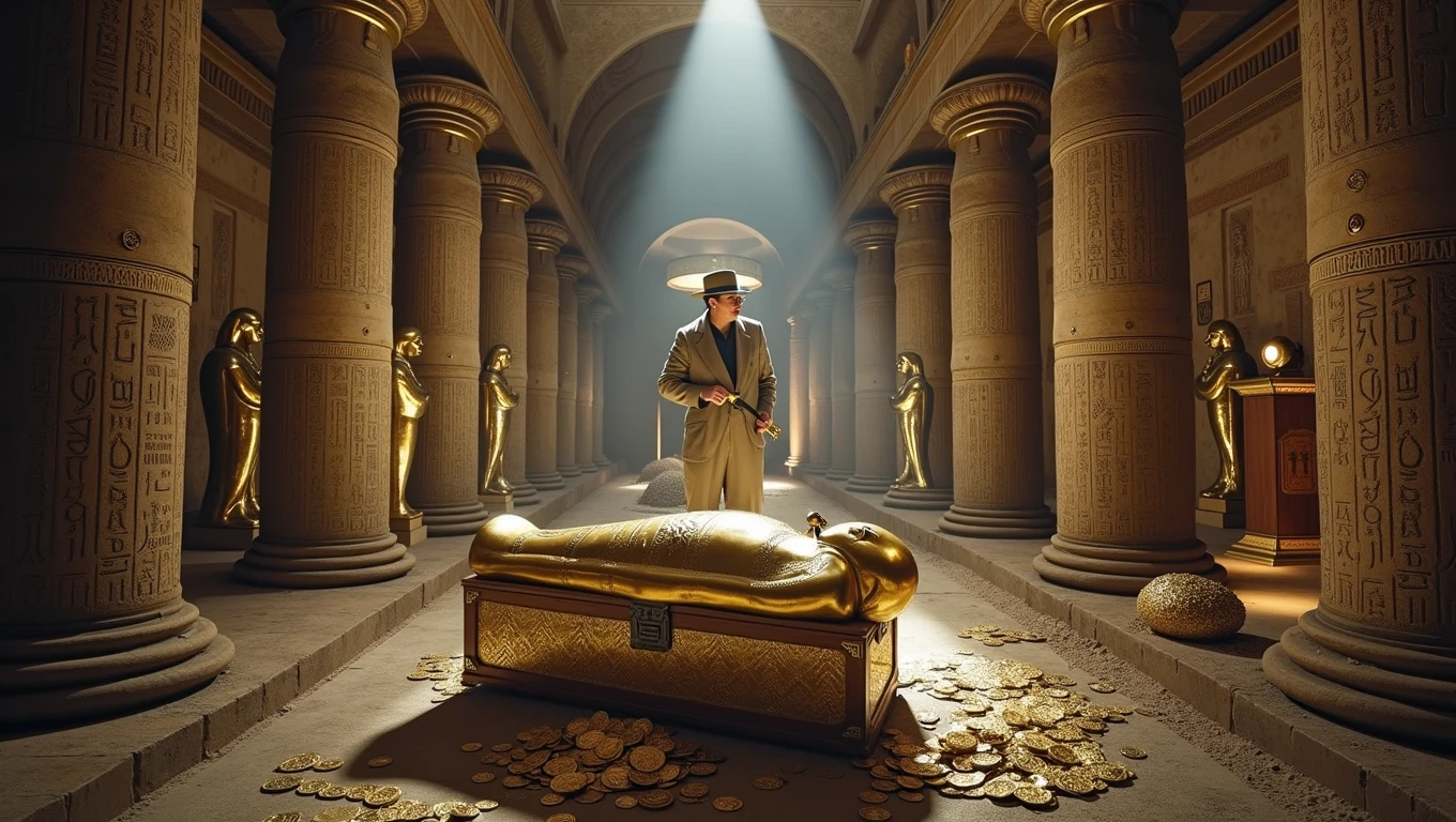 An exciting cinematic scenario of Howard Carter, the archaeologist, uncovering the tomb of Tutankhamun, the king of Ancient Egypt. The archaeologist holds a flashlight, revealing the splendid golden sarcophagus at the back of the room, surrounded by hieroglyphs and intricate details, luxurious golden vases with symbols of ancient Egypt, an open chest with golden coins and golden statues. The environment is a mix of adventure and mystery, with a soft light penetrating the darkness, which emphasizes the beauty and importance of discovery., cinematographic, photographic, architectural, architecture, photo, cinematic
