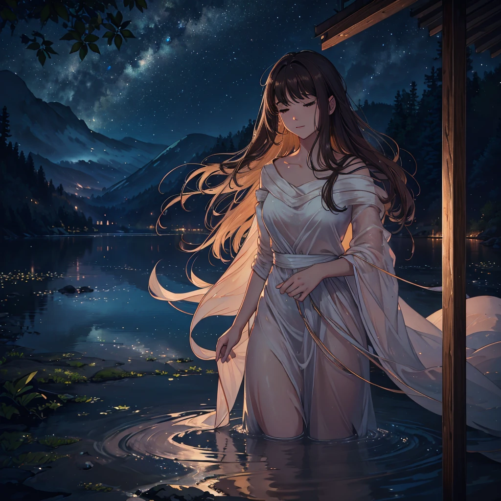 (best quality,4k,8k,highres,masterpiece:1.2),ultra-detailed,(realistic,photorealistic,photo-realistic:1.37),portrait,aquarelle painting,beautiful breathtaking girl,deep brown skin,long silky hair,flowing white silk dress,full body,nighttime landscape,luminous moonlight on her face,peaceful serene expression,beauty in simplicity,stunning atmosphere,soft dreamlike colors,subtle glowing lights,detailed foliage,calm and tranquil ambience