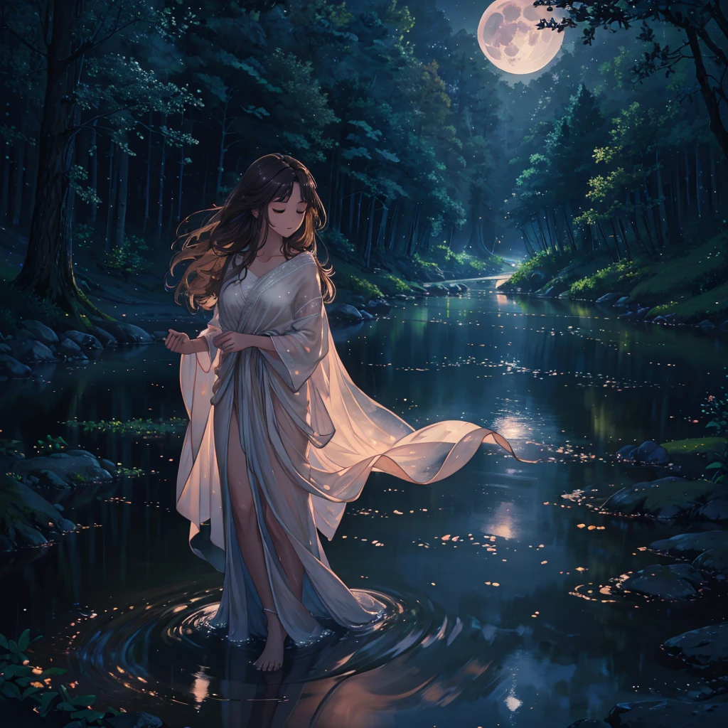 (best quality,4k,8k,highres,masterpiece:1.2),ultra-detailed,(realistic,photorealistic,photo-realistic:1.37),portrait,aquarelle painting,beautiful breathtaking girl,deep brown skin,long silky hair,flowing white silk dress,full body,nighttime landscape,luminous moonlight on her face,peaceful serene expression,beauty in simplicity,stunning atmosphere,soft dreamlike colors,subtle glowing lights,detailed foliage,calm and tranquil ambience