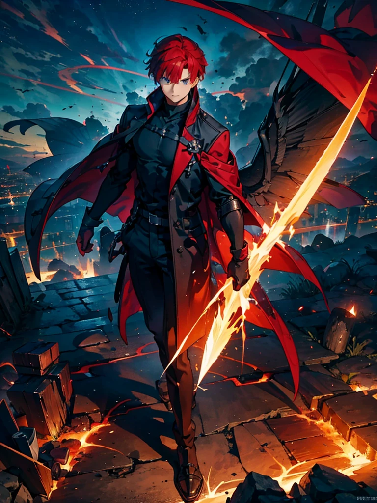 One young man,A faint magic circle floating in the sky,The blade that cleaves the darkness,The hero who confronts the destruction of the world,Wonderful fantasy,A lone boy with wine-red hair and twelve shining wings,disaster々A horde of evil monsters,The decisive battle of fate