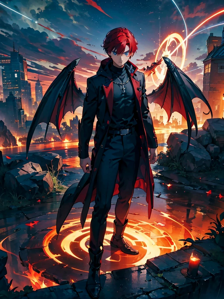 One young man,A faint magic circle floating in the sky,The blade that cleaves the darkness,The hero who confronts the destruction of the world,Wonderful fantasy,A lone boy with wine-red hair and twelve shining wings,disaster々A horde of evil monsters,The decisive battle of fate