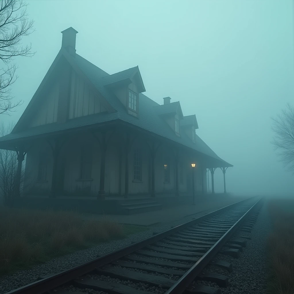 (Mysterious thick Fog), An ancient station is waiting for the arrival of trains in thick fog. Use mid shot photography to capture the architectural details of the station and the waiting atmosphere in the fog. Beautiful cinematic lighting, surreal, RAW photo, color graded, dynamic movement, captivating chiaroscuro, full body, award-winning, cinematic still, emotional, vignette, dynamic, vivid, (masterpiece, best quality, photorealistic, Professional, perfect composition, very aesthetic, absurdres, ultra-detailed, intricate details:1.3)