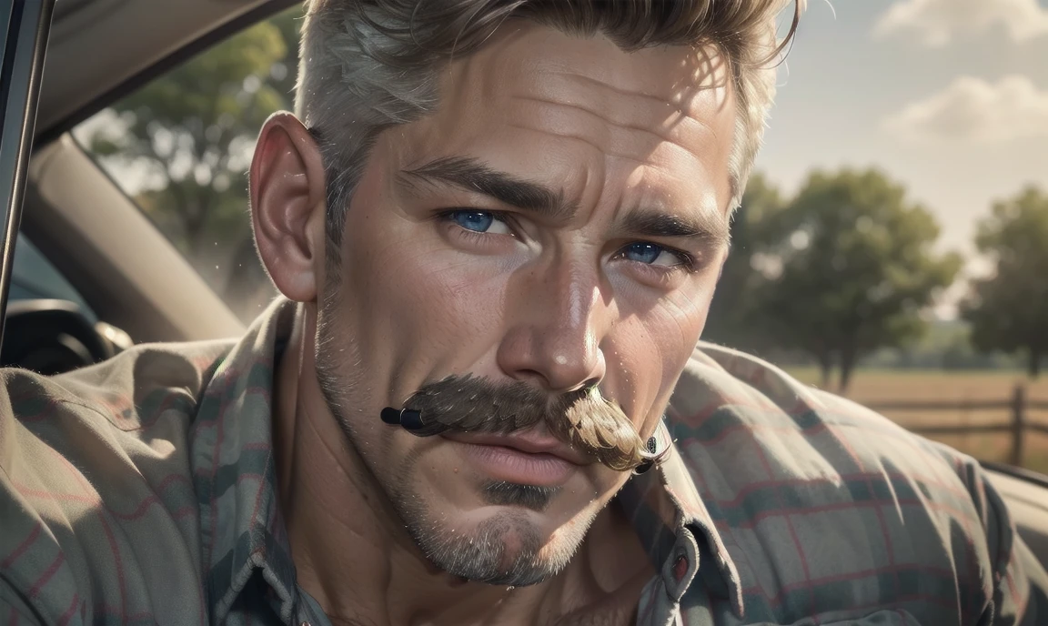 [((highly detailed, detailed eyes, detailed face, clear and realistic facial features, photorealistic, realistic light, cinematic)), ((((1 man)))), Mark is a handsome and alluring slender but muscular male farmer father aged 45 with short blond hair and a neat moustache and blue eyes and weathered skin, (((wearing a flannelette shirt))), ((((well-groomed moustache)))), ((sexy southern gay daddy farmer)), ((greying dark-blond hair)), (((weathered mature face))), (((Mark has a seductive smirking look on his face and a slight blush on his cheeks))), There is a charming yet dry southern farm in the background, ((((expression of strong attraction on face))))]
