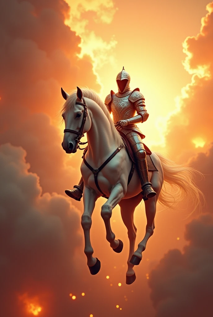 

create a realism style image of a knight riding a white horse and white armor with his helmet closed descending from the fiery skies