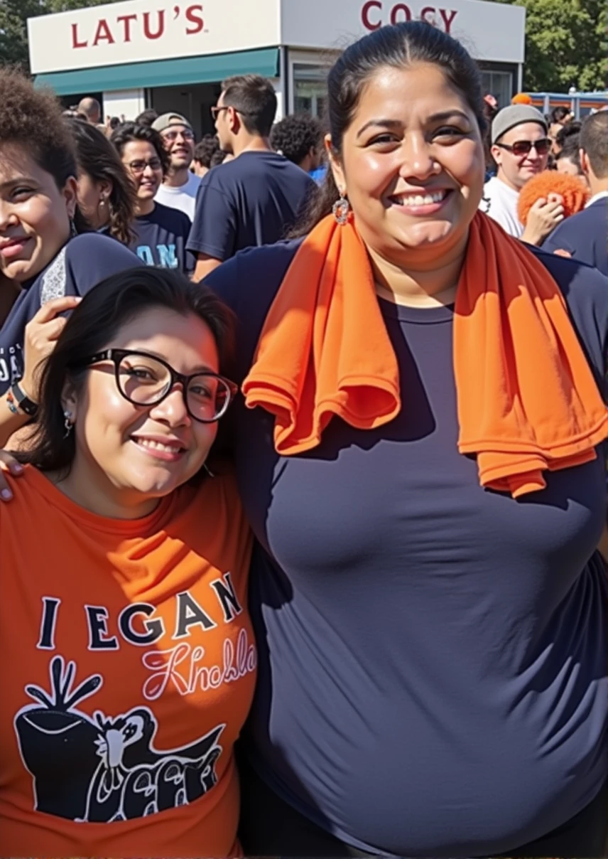 several people are posing for a picture in front of a crowd, profile pic, profile picture, very very low quality picture, having a great time, group photo, with the sun shining on it, hundreds of them, over-shoulder shot, pictured from the shoulders up, karla ortiz, center of picture, wearing an orange t shirt, discovered photo, Big tits, huge tits, no clothes, sexy, cute, minimal clothes, thick, bbw, chubby stomach, thick nipples, nipple piercings, large areola, hard nipples, piercing through shirt, nipples hard through shirt, busty, major cleavage, naked, ripping through top, spilling over sides, bra too tight, giant tits, extra wide hips, upper body zoom in, showing off huge tits, fat stomach, see through top, fat bbw, large areola showing, major cleavage, latina, down to stomach, wide hips, sexy, upper body zoom, thick arm, showing off , top half only, showing only upper, height difference, down to waist, tall and short girls, belly worship,  worship, touching each other sexy, touch other sexy style, tall and short standing next to each other, two thicc girls different heights, no pants, touching , twerk together, height difference, big belly worship, big tits worship, latina and filipino