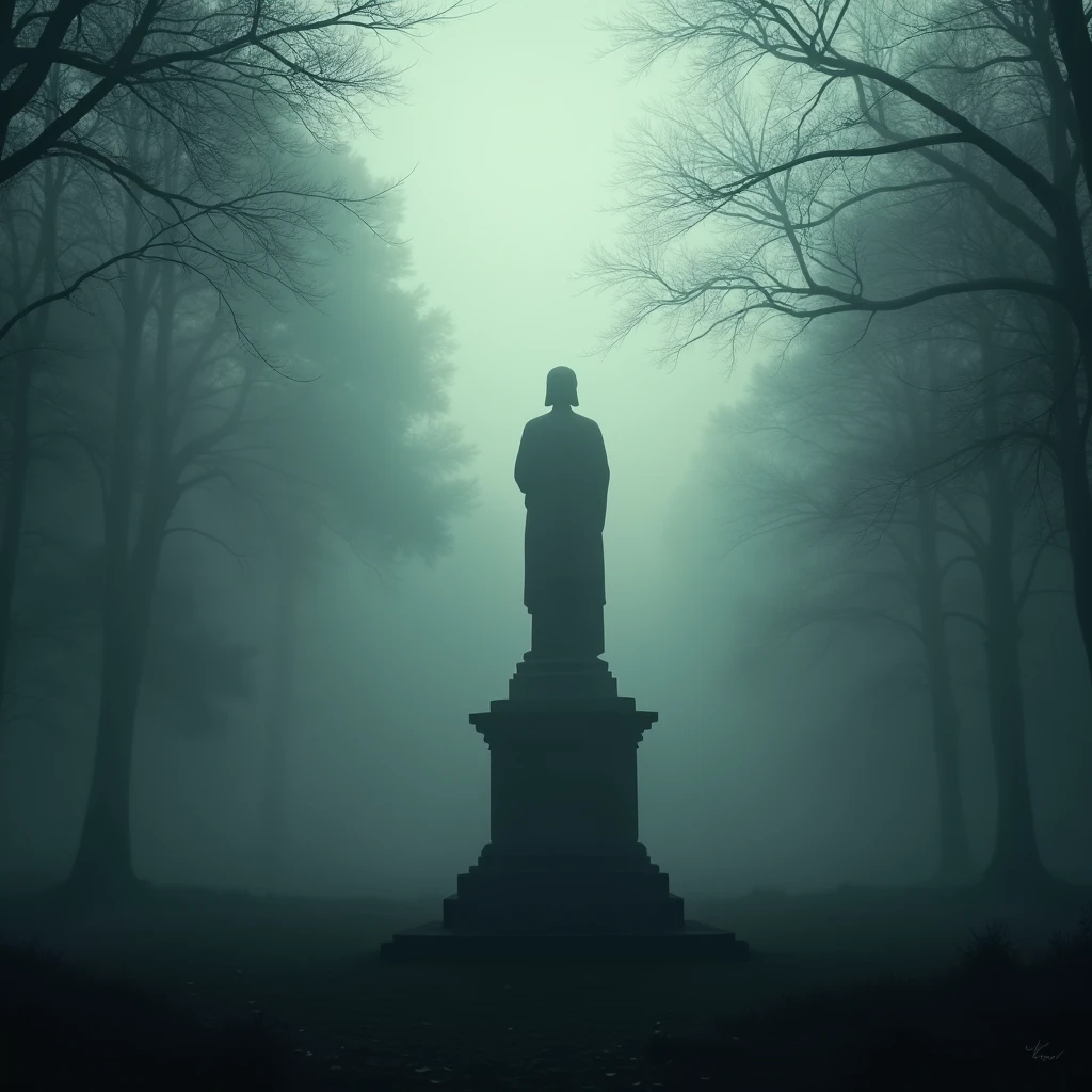 (Mysterious thick Fog), A statue stands quietly in the dense fog of the park. Using side light shooting to highlight the shape of the statue and the tranquility in the mist. Beautiful cinematic lighting, surreal, RAW photo, color graded, dynamic movement, captivating chiaroscuro, full body, award-winning, cinematic still, emotional, vignette, dynamic, vivid, (masterpiece, best quality, photorealistic, Professional, perfect composition, very aesthetic, absurdres, ultra-detailed, intricate details:1.3)