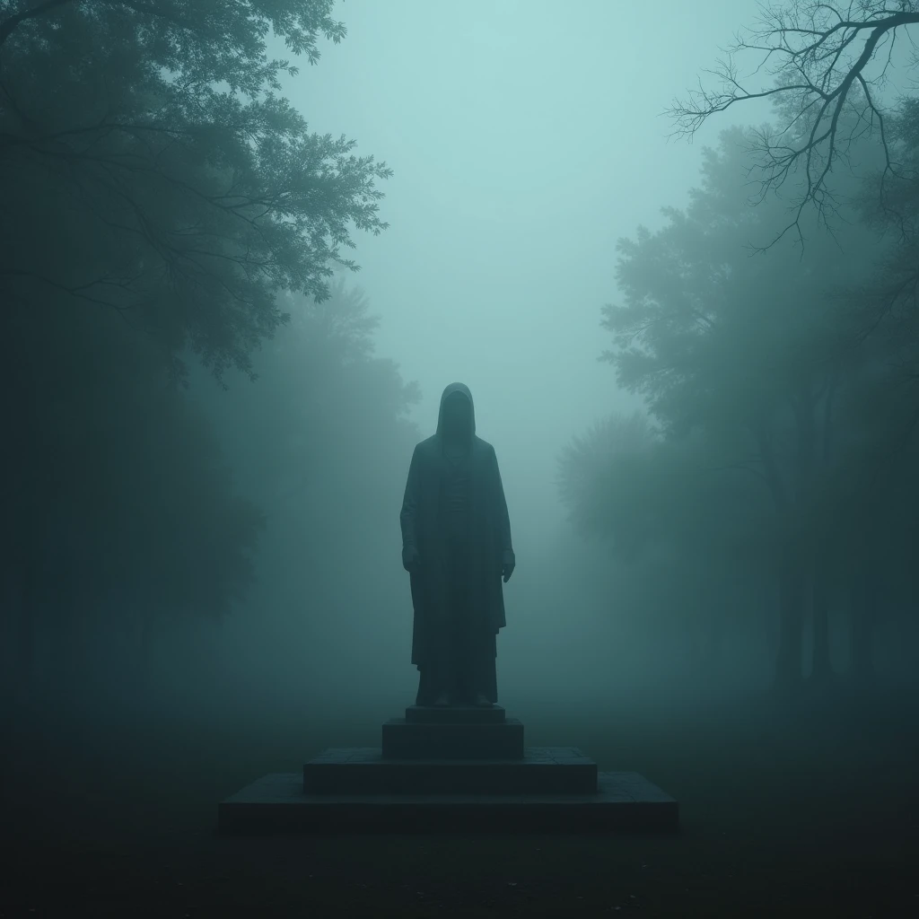(Mysterious thick Fog), A statue stands quietly in the dense fog of the park. Using side light shooting to highlight the shape of the statue and the tranquility in the mist. Beautiful cinematic lighting, surreal, RAW photo, color graded, dynamic movement, captivating chiaroscuro, full body, award-winning, cinematic still, emotional, vignette, dynamic, vivid, (masterpiece, best quality, photorealistic, Professional, perfect composition, very aesthetic, absurdres, ultra-detailed, intricate details:1.3)