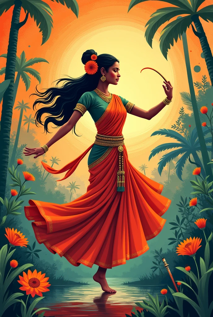 Please generate a poster background with instrument Veena, a microphone, a girl dancing mohiniyattam , a painting brush please include all these as background images maybe like watermark.. everything happening at different places different stages  please add Kerala touch the kalolsavan thingy do not make it look ai generated make it look natural 