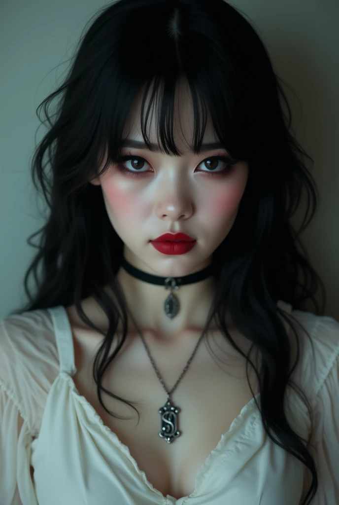 A cute goth girl in a white blouse with a pendant around her neck
