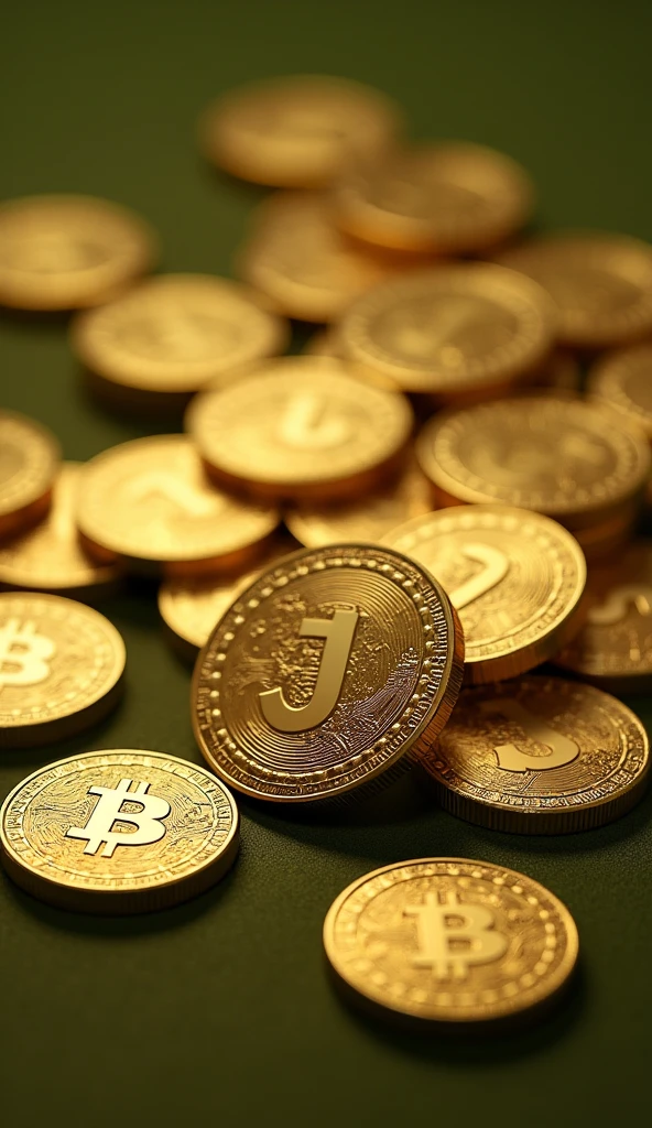 Many gold coins with J on their faces against an olive green background