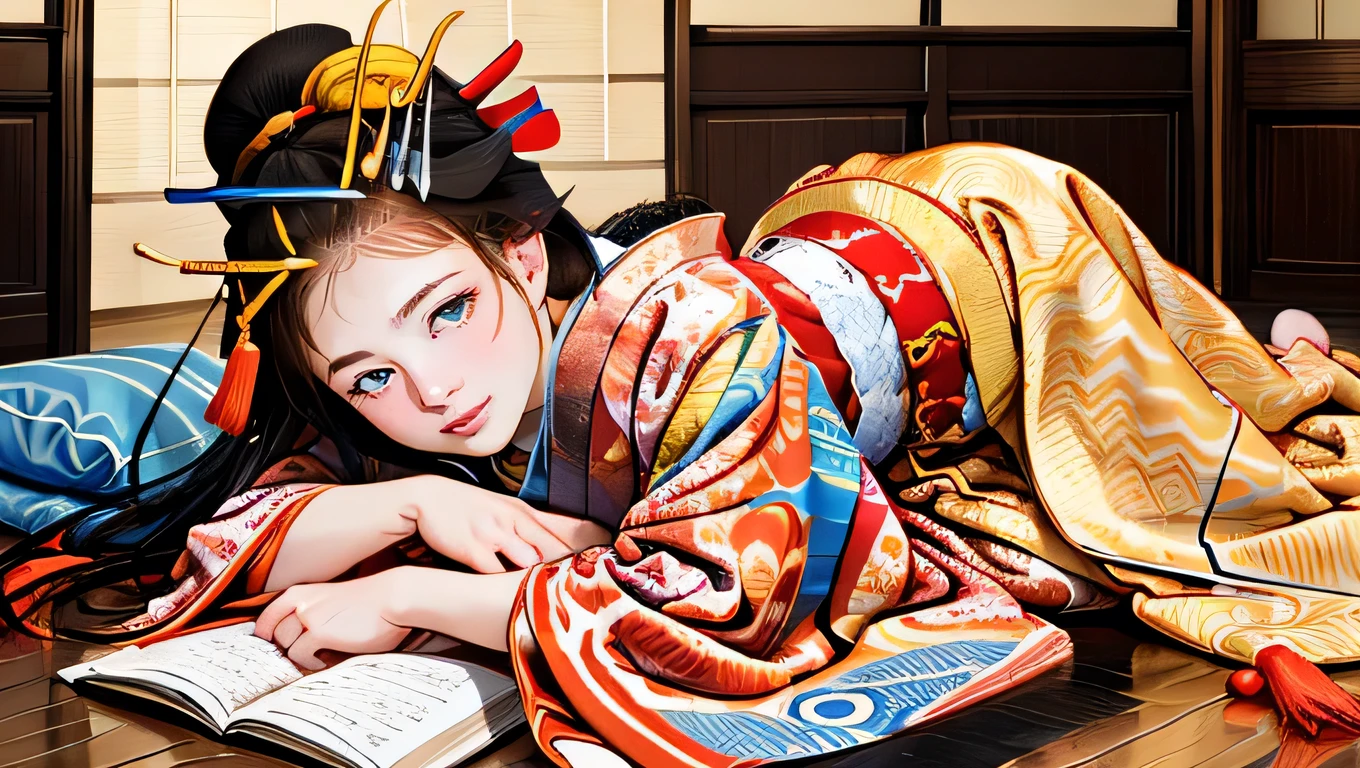 NSFW,
1 girl lying by her side at the floor, alone, looking at the viewer, smile, blue eyes, black hair, hair ornaments, Upper body, reveal kimono, kimono, lips, compensate, tassel, rope, eye shadow, red kimono, shimenawa, hairpin,