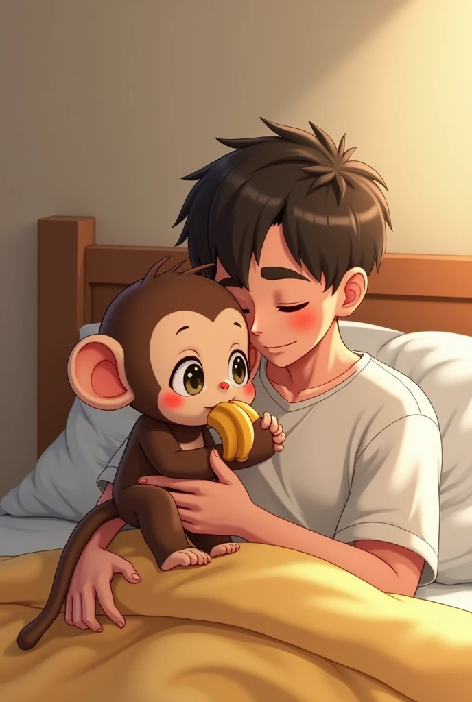 A cute female monkey hug a man on bed with netural background and eating bnana