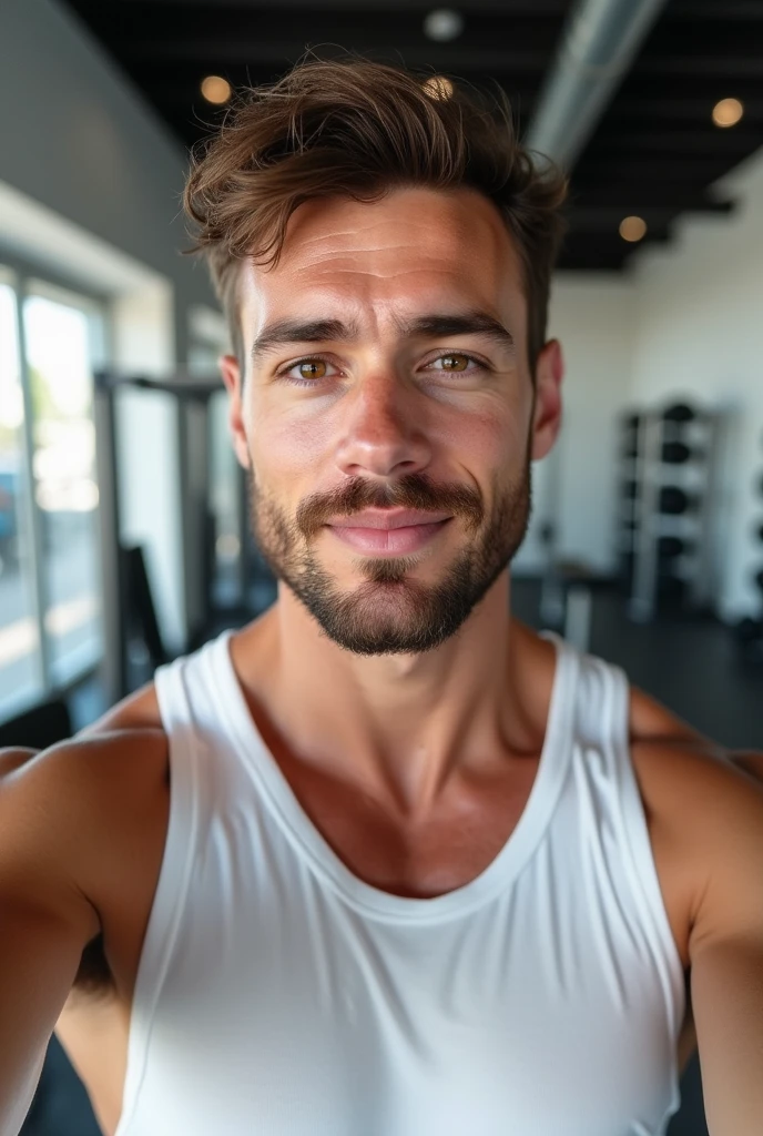 (photorealism:1.2), beautiful 30 years old man, Brown hair, fit, sweat, selfies, gym room, white shirt top