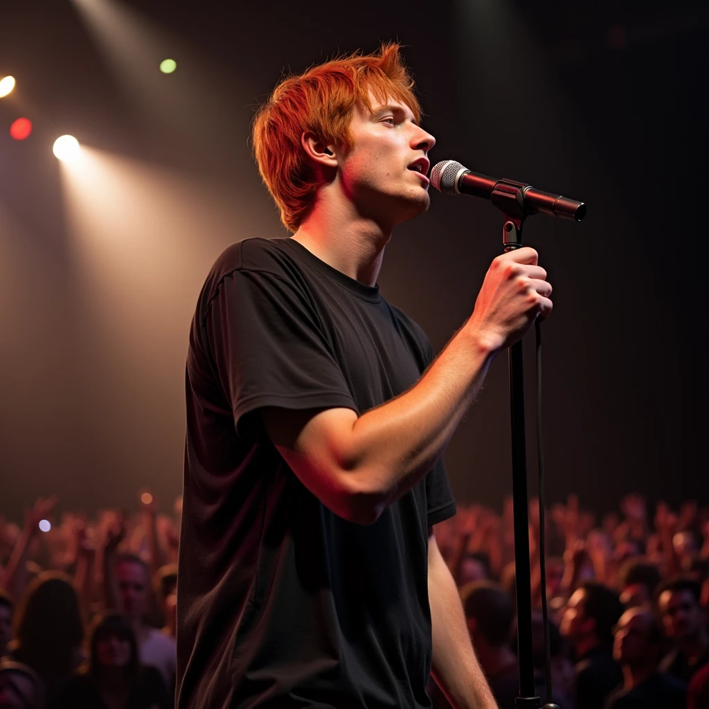 Young red-haired man with a handsome face, short straight hair, on a stage singing, with plenty of light and people watching, a badass photo