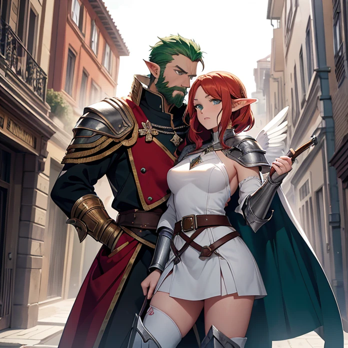 High Resolution, Anime, Character Design, Digital Art, HD, Best Quality, Masterpiece, Super Detailed, high fantasy,
{{character:900 years old male mature red-haired elf lord;(green eyes, fair skin, mediumlentgh red hair tied in a short tail with a ring, absolute masculine handsome elder, vert short red haired beard, sharp nose, closed mouth, serious expression, short pointy ears),(male white elvish power-super-armornoble jacket,white shoulderplates,white arms armor, white gauntlets, white belt, white hip armor, white inferior armor, white legs armor, white armored boots, white helmet with a winged crest, silver necklace),(holding a blue warhammer with left hand, holding an axe with right hand, protective and heroic pose),(big danish city at war, sunny morning, fire around the houses and buildings, elvish soldiers fighting each other at a civil war)}}