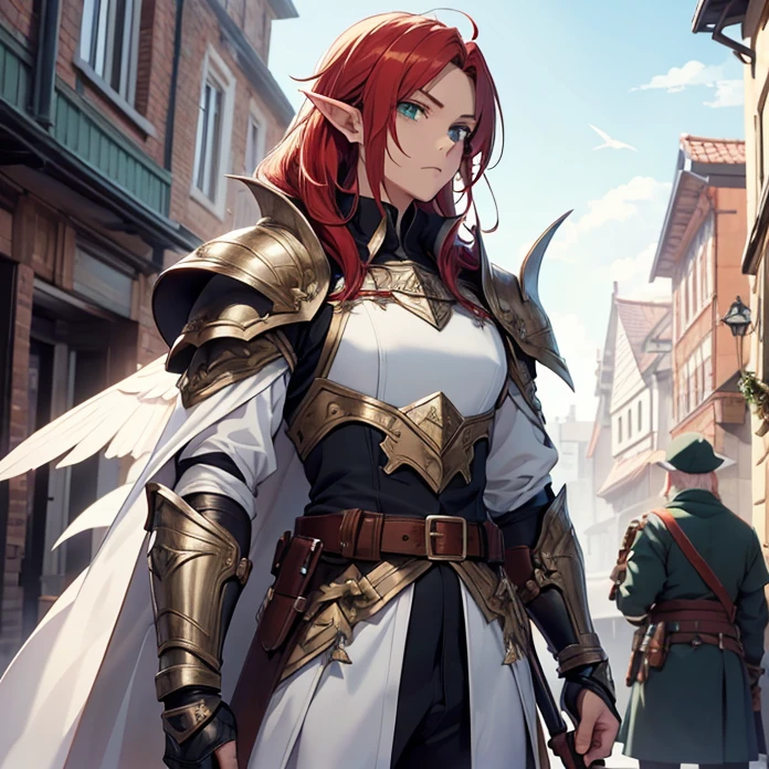High Resolution, Anime, Character Design, Digital Art, HD, Best Quality, Masterpiece, Super Detailed, high fantasy,
{{character:900 years old male mature red-haired elf lord;(green eyes, fair skin, mediumlentgh red hair tied in a short tail with a ring, absolute masculine handsome elder, vert short red haired beard, sharp nose, closed mouth, serious expression, short pointy ears),(male white elvish power-super-armornoble jacket,white shoulderplates,white arms armor, white gauntlets, white belt, white hip armor, white inferior armor, white legs armor, white armored boots, white helmet with a winged crest, silver necklace),(holding a blue warhammer with left hand, holding an axe with right hand, protective and heroic pose),(big danish city at war, sunny morning, fire around the houses and buildings, elvish soldiers fighting each other at a civil war)}}