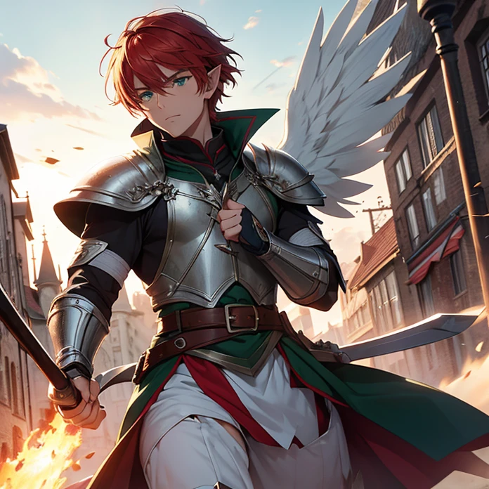 High Resolution, Anime, Character Design, Digital Art, HD, Best Quality, Masterpiece, Super Detailed, high fantasy,
{{character:900 years old male mature red-haired elf lord;(green eyes, fair skin, mediumlentgh red hair tied in a short tail with a ring, absolute masculine handsome elder, vert short red haired beard, sharp nose, closed mouth, serious expression, short pointy ears),(male white elvish power-super-armornoble jacket,white shoulderplates,white arms armor, white gauntlets, white belt, white hip armor, white inferior armor, white legs armor, white armored boots, white helmet with a winged crest, silver necklace),(holding a blue warhammer with left hand, holding an axe with right hand, protective and heroic pose),(big danish city at war, sunny morning, fire around the houses and buildings, elvish soldiers fighting each other at a civil war)}}