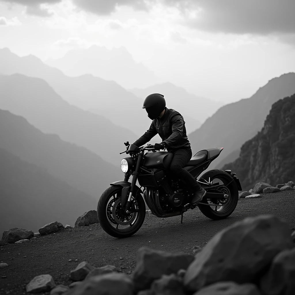 black and white images of a lone motorcyclist with a landscape in the background