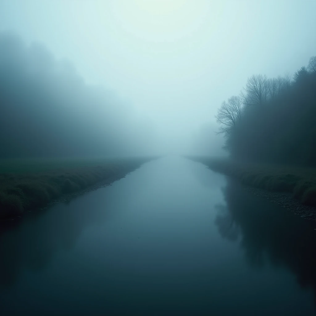 (Mysterious thick Fog), A winding river flows in thick fog, and the scenery on both sides becomes blurred in the fog. Using long exposure photography to capture the calmness of the water surface and the flow of mist. Beautiful cinematic lighting, surreal, RAW photo, color graded, dynamic movement, captivating chiaroscuro, full body, award-winning, cinematic still, emotional, vignette, dynamic, vivid, (masterpiece, best quality, photorealistic, Professional, perfect composition, very aesthetic, absurdres, ultra-detailed, intricate details:1.3)