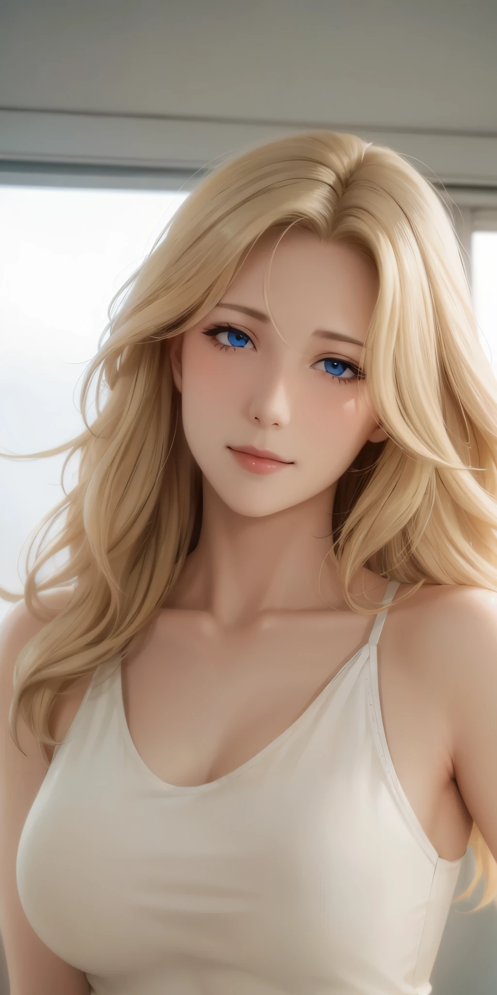 Elegant mature female, blue eyes, blonde hair, soft light, 4k resolution, high quality, beautiful cg
