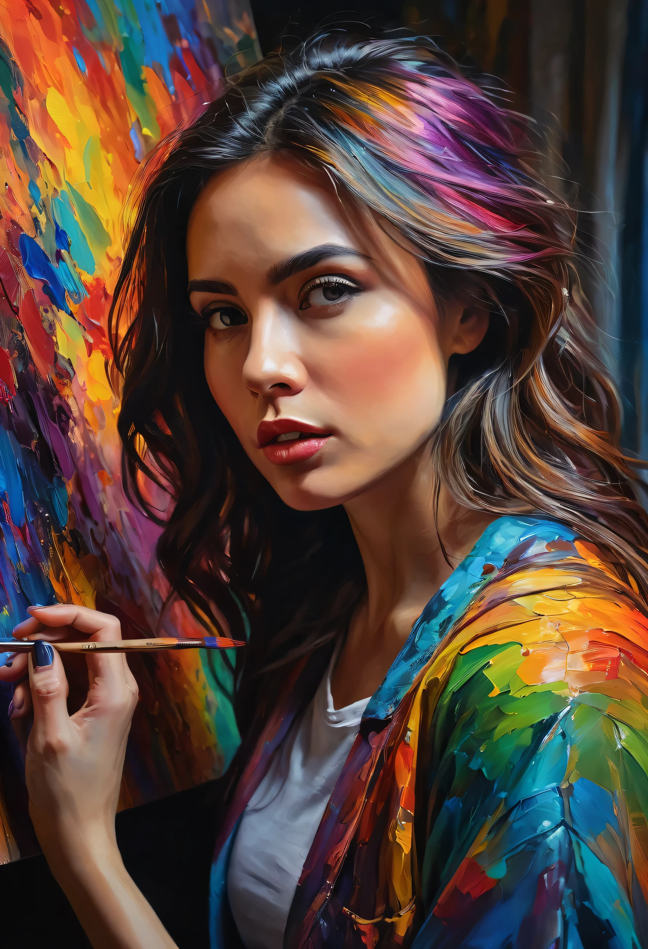 a passionate artist, lost in the process of creating, surrounded by a colorful palette and the canvas of their imagination, vibrant colors, dynamic brushstrokes, expressive face, focused gaze, hands in motion, textured canvas, oil painting, dramatic lighting, moody atmosphere, intricate details, masterpiece, photorealistic, hyperrealistic, cinematic, dramatic