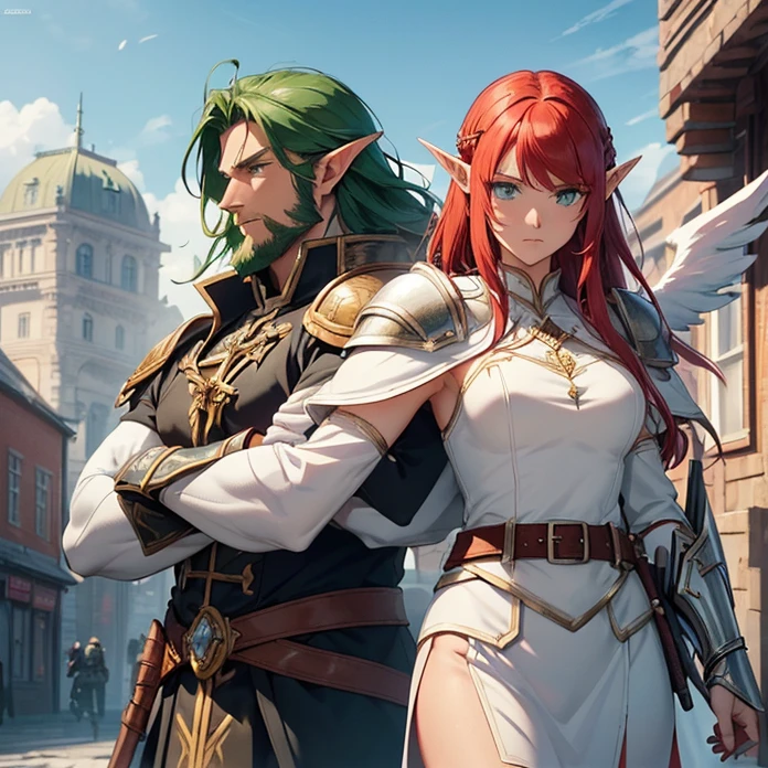 High Resolution, Anime, Character Design, Digital Art, HD, Best Quality, Masterpiece, Super Detailed, high fantasy,
{{character:900 years old male mature red-haired elf lord;(green eyes, fair skin, mediumlentgh red hair tied in a short tail with a ring, absolute masculine handsome elder, vert short red haired beard, sharp nose, closed mouth, serious expression, short pointy ears),(male white elvish power-super-armornoble jacket,white shoulderplates,white arms armor, white gauntlets, white belt, white hip armor, white inferior armor, white legs armor, white armored boots, white helmet with a winged crest, silver necklace),(holding a blue warhammer with left hand, holding an axe with right hand, protective and heroic pose),(big danish city at war, sunny morning, fire around the houses and buildings, elvish soldiers fighting each other at a civil war)}}
