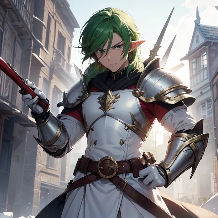 High Resolution, Anime, Character Design, Digital Art, HD, Best Quality, Masterpiece, Super Detailed, high fantasy,
{{character:900 years old male mature red-haired elf lord;(green eyes, fair skin, mediumlentgh red hair tied in a short tail with a ring, absolute masculine handsome elder, vert short red haired beard, sharp nose, closed mouth, serious expression, short pointy ears),(male white elvish power-super-armornoble jacket,white shoulderplates,white arms armor, white gauntlets, white belt, white hip armor, white inferior armor, white legs armor, white armored boots, white helmet with a winged crest, silver necklace),(holding a blue warhammer with left hand, holding an axe with right hand, protective and heroic pose),(big danish city at war, sunny morning, fire around the houses and buildings, elvish soldiers fighting each other at a civil war)}}