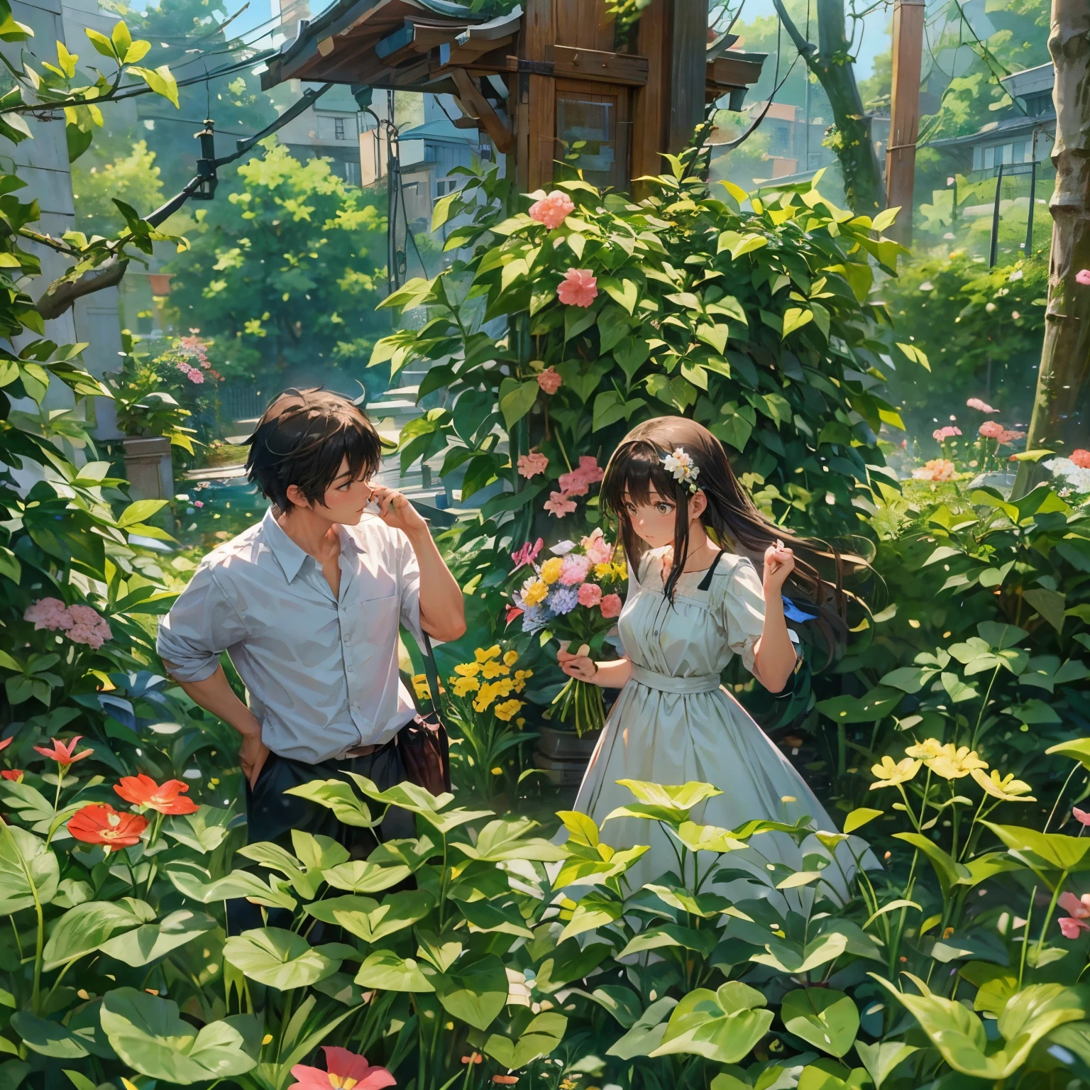 A couples standing , taking pictures, anime style, flowers in background,