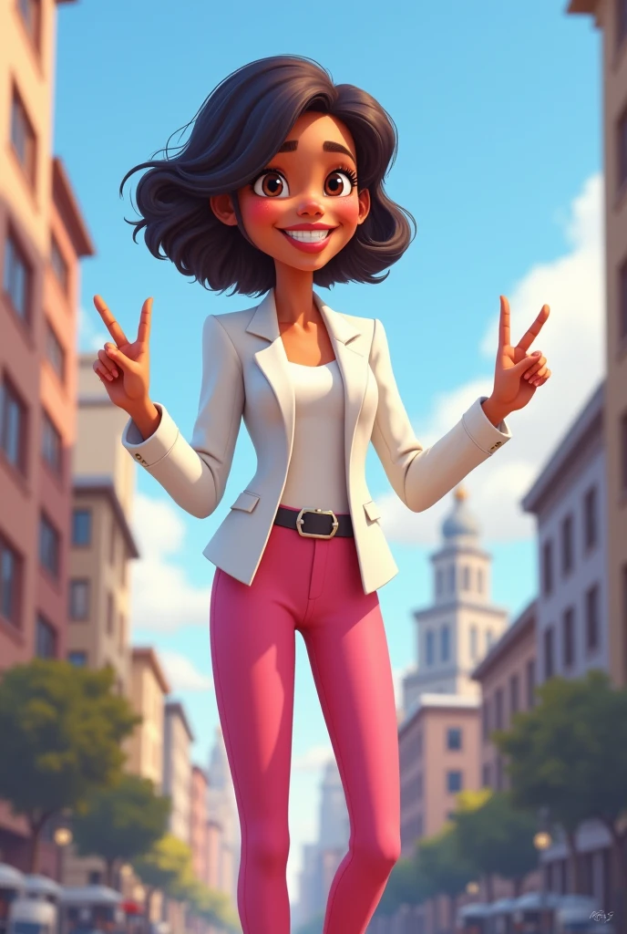 FULL-BODY WOMAN IN PIXAR CHARACTER STYLE, WITH SHORT DARK BROWN HAIR TO HER SHOULDERS, skin fair, dark shaped eyes, smiling showing teeth, WEARING A WHITE BLAZER, PINK WOMEN'S DRESS PANTS, WEARING BLACK SHOES, MAKING THE LETTER V WITH HER FINGERS, CITY COUNCILWOMAN, WITH A CITY BACKGROUND, CITY OF CAMPO LARGO 