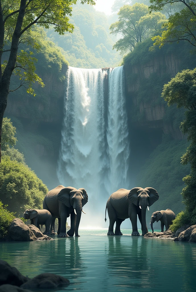 generate an image of serene waterfall with some wildlife in landscape aspect ratio. Include a family of 4 elephants