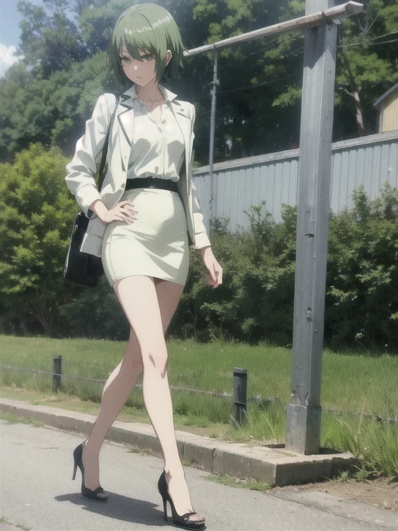 anime、Midsummer Afternoon、Rural station platform、Woman Standing Alone、((Green short hair))、((White short jacket))、Black underwear、Black leather tight skirt、Slender figure、White high heels、Listening to music through earphones、The wind is blowing、There is no one around、