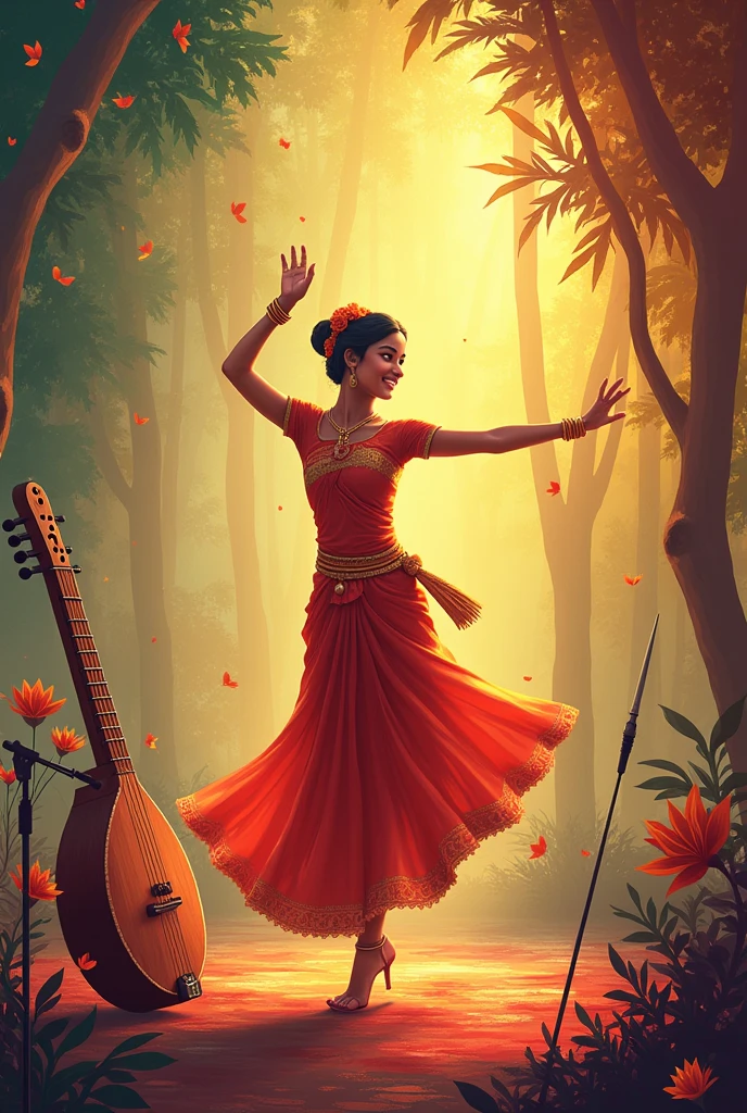 Please generate a poster background with instrument Veena, a microphone, a girl dancing mohiniyattam , a painting brush please include all these as background images maybe like watermark.. everything happening at different places different stages please add Kerala touch the kalolsavan thingy do not make it look ai generated make it look natural