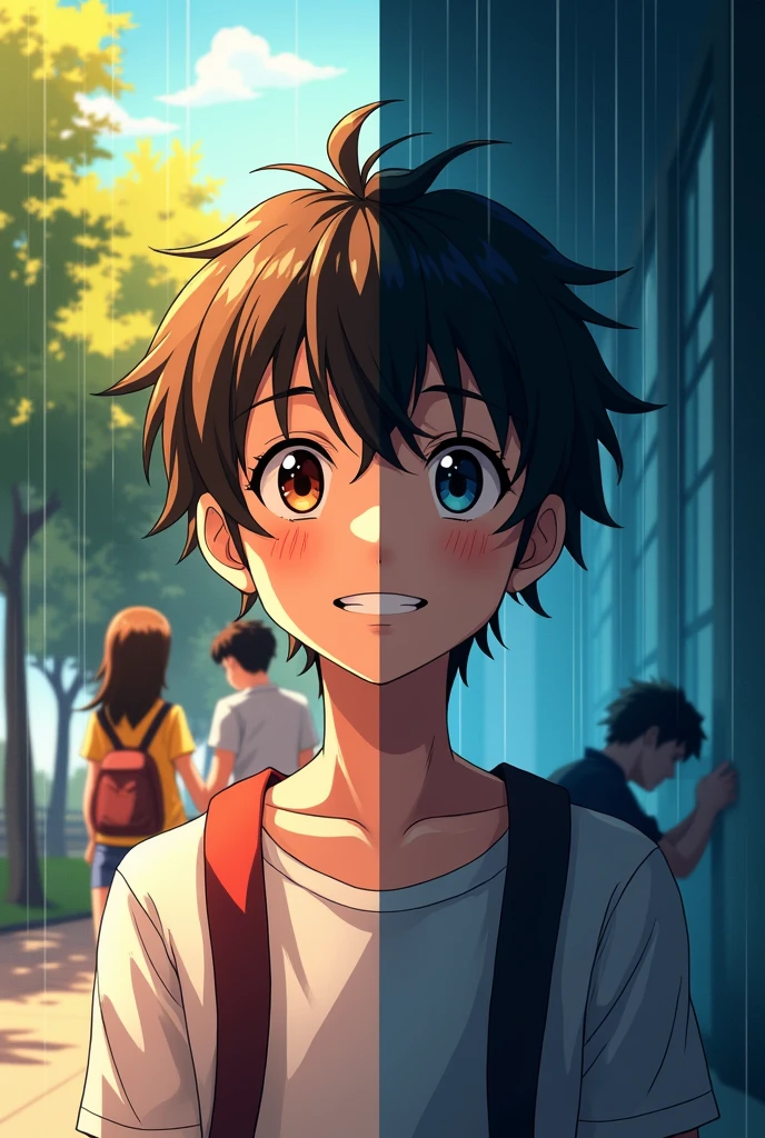 A boy age of 19 having two sides one is light side enjoy with girlfriend and another one is dark side without any one like depressed boy. Make like anime. background should be different in both. Both pictures are separated