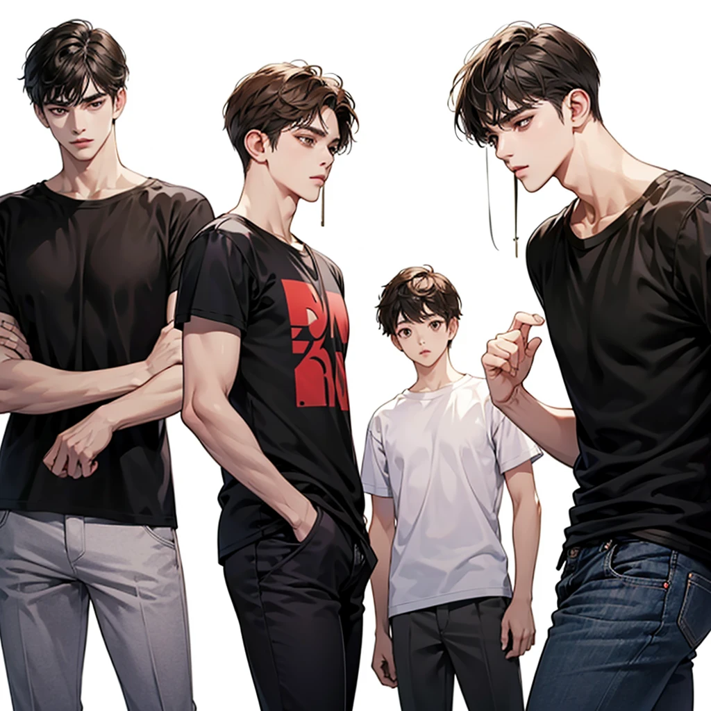 Four boys, black hair, brown eyes, simple background, high resolution, brown hair, stand in a line.., Wear a t-shirt, shut your mouth, handsome, cool,มองตรง