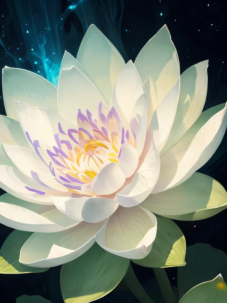 there are many white flowers that are glowing in the dark, an airbrush painting by Li Song, tumblr, psychedelic art, beautiful flowers and crystals, glowing flowers, beautiful!!! digital art, magical flowers, luminous flowers, surreal waiizi flowers, with lotus flowers, magical colorful flowers, beautiful depiction, ethereal!!! ultra realistic, glowing delicate flower, lotus flowers