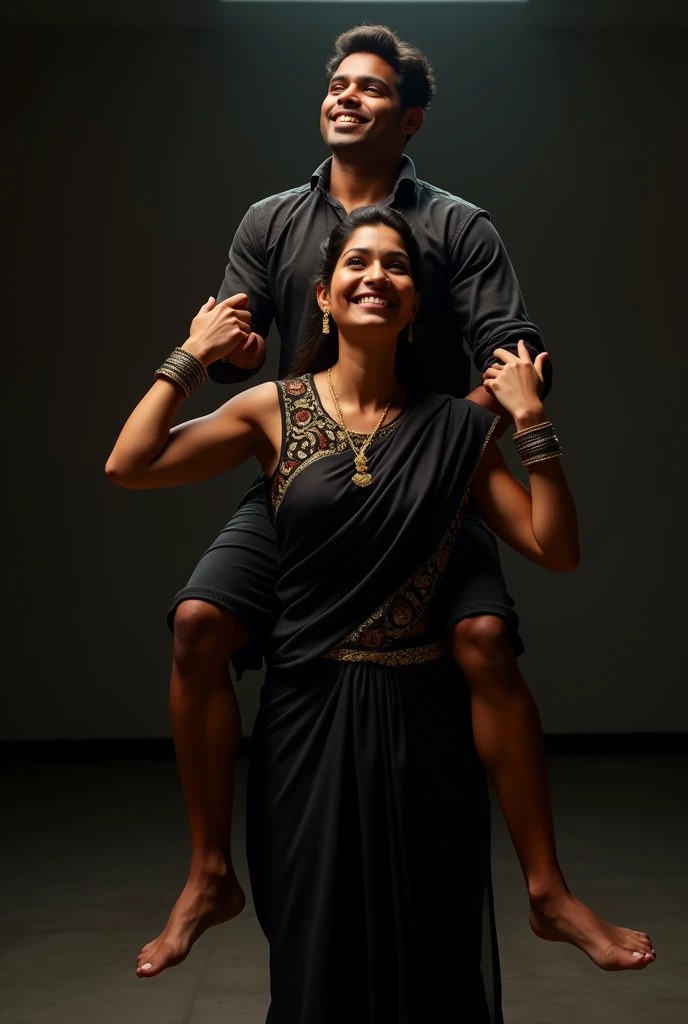 Create a scene where inside a room a fair, smiling and beautiful Indian woman in black satin salwar is carrying a large man on her shoulders, man is sitting on her shoulders , dynamic lighting