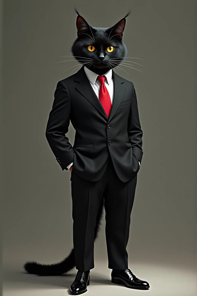 Create a black cat wearing a black suit, black dress shoes, and a red tie., He will have a body like a human's, but being a hat