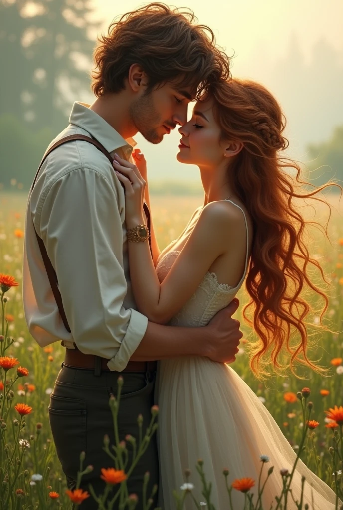 create a young woman in the arms of a young brown-haired man