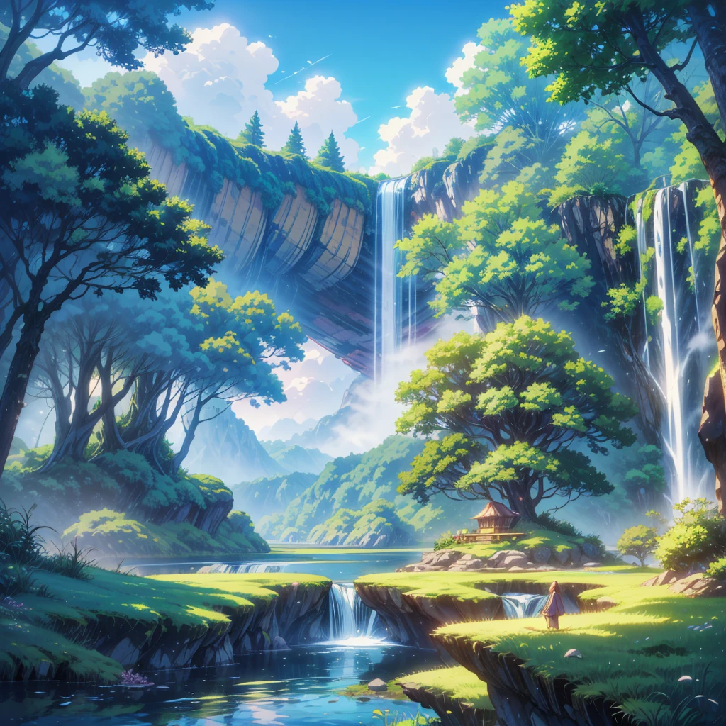 8K, (anime coloring:1.2), otherworldly, Fantasy, one Floating island, waterfall falling from the island,lake,Woodland,Beautiful sky,beautiful view,