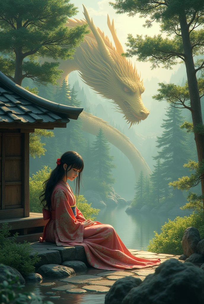 A space black-haired fairy girl in a kimono smiles and sleeps. A wooden Zen temple in the forest. Under the pine trees.,Overlooking the giant golden dragon, it gently protects.