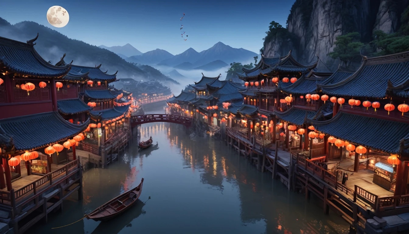 ​masterpiece, top-quality, depth of fields, high details, 8K, anime a night scene of china town, lots of shop outlets, chinese lanterns, detailed background, high angle view, beside a river, (a few wooden boats), a large bridge on the front, moon, Steep rocky mountains covered by fog background