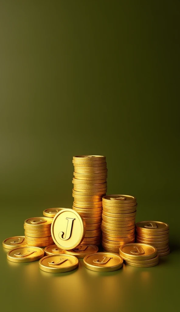  Many gold coins stacked with J on their faces against an olive green background 