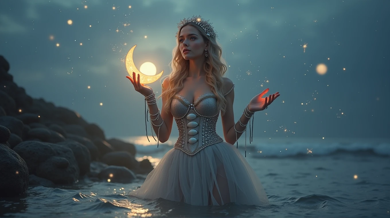 A hyperrealistic and deeply fantastical image of a woman who represents the zodiac sign of Cancer. Her hair, long and wavy, it is adorned with pearls and small seashells that reflect the moonlight. She wears a silver dress with a design reminiscent of the waves of the sea, with a corset decorated with details that imitate the claws of a crab, subtly intertwined with golden threads that shine like sand under the sun. Her makeup is mystical, with eyeshadow that recreates a nocturnal ocean, with sparkles of stars and lunar reflections, while her lips have a soft pearly sheen that evokes the reflected light in the water. In your head, a crescent moon-shaped tiara made of crystals that change color according to the light, reinforcing the connection with the moon and tides. In your hands, holds a beautiful half moon and tiny fireflies shine around it , with transparent gloves decorated with seaweed and bubble motifs, that extend to her elbows. The background is an ocean under the light of a bright full moon, with waves that seem to be suspended in time, shining with ethereal lights. Around the woman, The sky is full of shooting stars and constellations forming mystical patterns.. The scene is enveloped in a luminous mist that connects the sky with the sea, creating a dreamlike and magical atmosphere. Everything in the image, from the colors to the composition, it is designed to capture the aquatic essence, emotional and protective of Cancer, while the fantasy effects make the scene spectacular and unique, as if it were the work of a photographer of magical worlds. with bright magical lights, Warm and soft lighting, vibrant colors, ethereal and atmospheric, Very detailed, 8k, photorealistic, masterpiece