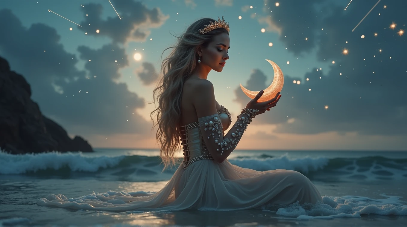 A hyperrealistic and deeply fantastical image of a woman who represents the zodiac sign of Cancer. Her hair, long and wavy, it is adorned with pearls and small seashells that reflect the moonlight. She wears a silver dress with a design reminiscent of the waves of the sea, with a corset decorated with details that imitate the claws of a crab, subtly intertwined with golden threads that shine like sand under the sun. Her makeup is mystical, with eyeshadow that recreates a nocturnal ocean, with sparkles of stars and lunar reflections, while her lips have a soft pearly sheen that evokes the reflected light in the water. In your head, a crescent moon-shaped tiara made of crystals that change color according to the light, reinforcing the connection with the moon and tides. In your hands, holds a beautiful half moon and tiny fireflies shine around it , with transparent gloves decorated with seaweed and bubble motifs, that extend to her elbows. The background is an ocean under the light of a bright full moon, with waves that seem to be suspended in time, shining with ethereal lights. Around the woman, The sky is full of shooting stars and constellations forming mystical patterns.. The scene is enveloped in a luminous mist that connects the sky with the sea, creating a dreamlike and magical atmosphere. Everything in the image, from the colors to the composition, it is designed to capture the aquatic essence, emotional and protective of Cancer, while the fantasy effects make the scene spectacular and unique, as if it were the work of a photographer of magical worlds. with bright magical lights, Warm and soft lighting, vibrant colors, ethereal and atmospheric, Very detailed, 8k, photorealistic, masterpiece