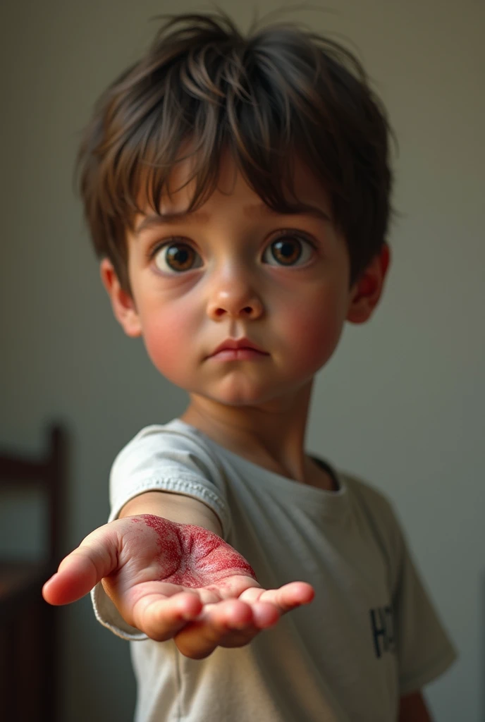 A little white kid showing his swollen and injured arm to the camera from the side and make it look like a real human