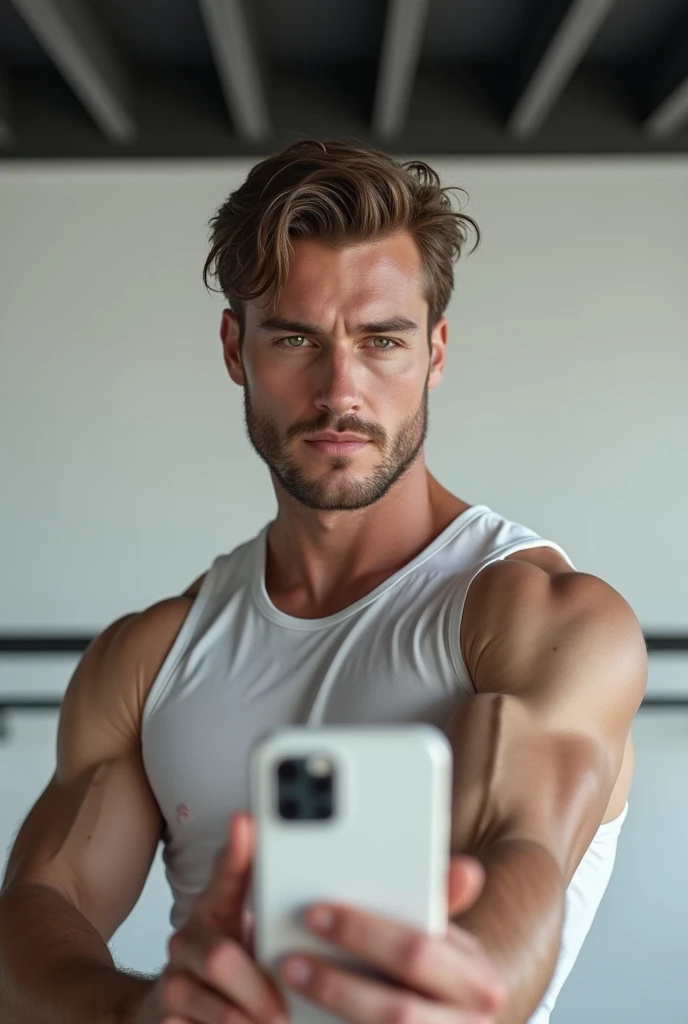 (photorealism:1.2), beautiful 30 years old man, Brown hair, fit, sweat, selfies, gym room, white shirt top